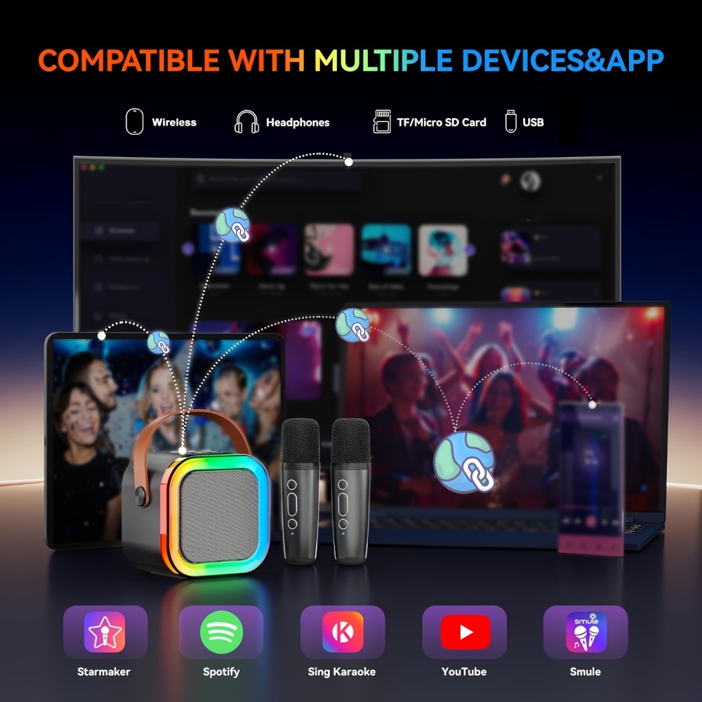 Kabellose Bluetooth Mini Karaoke Lautsprecher mit Mikrofon und LED-Lichtern (inkl. 2 Mikrofone) - Schwarz
