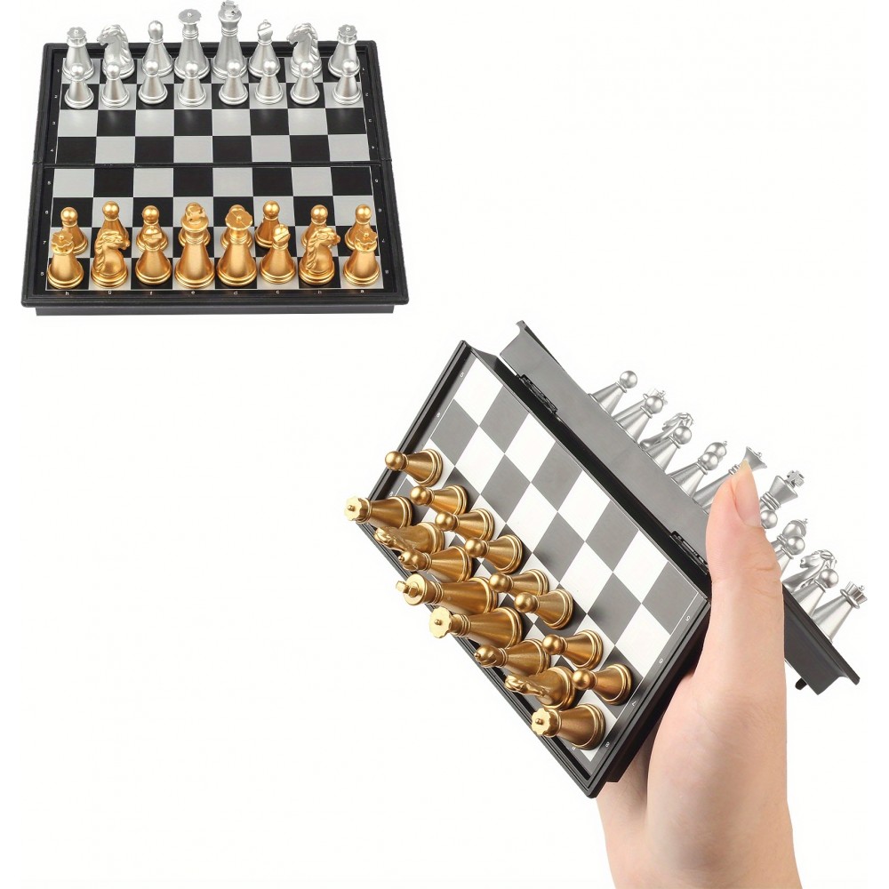 Mini Magnetisches Schachbrett Reise-Set Klappbar (12 cm) ideal für Reisen mit goldenen und silbernen Figuren
