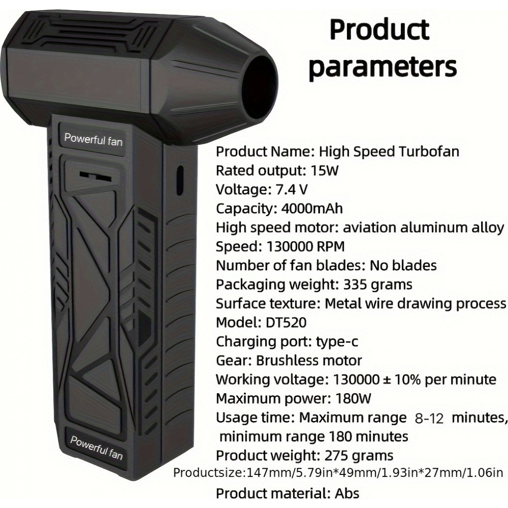 Hochgeschwindigkeits Mini Turbofan Handventilator (130000 U/min) Tragbarer Ventilator - Schwarz