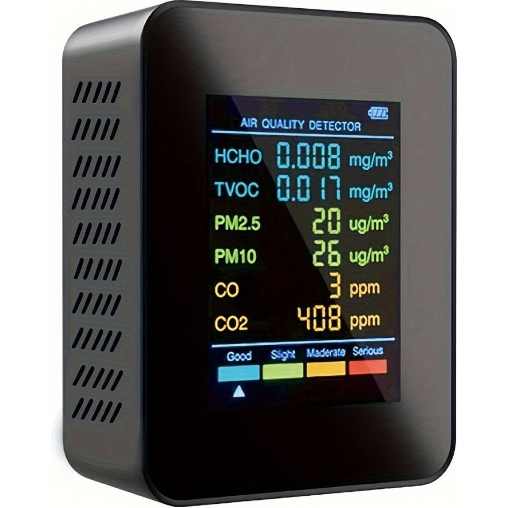 Moniteur de qualité de l'air 6 en 1 CO2/CO/PM2.5/PM10/HCHO/TVOC avec affichage LCD large - Noir