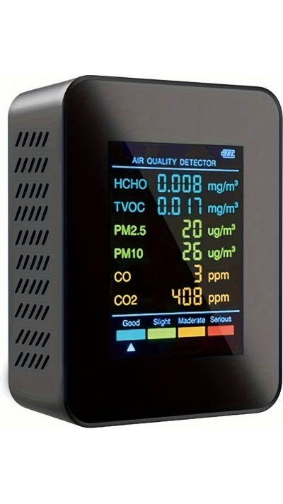 6-in-1 Luftqualitätsmonitor CO2/CO/PM2.5/PM10/HCHO/TVOC mit großem LCD-Display - Schwarz