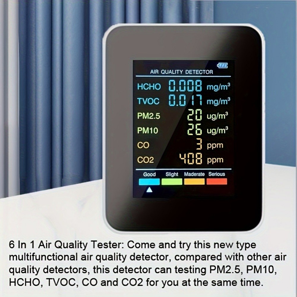 Moniteur de qualité de l'air 6 en 1 CO2/CO/PM2.5/PM10/HCHO/TVOC avec affichage LCD large - Noir