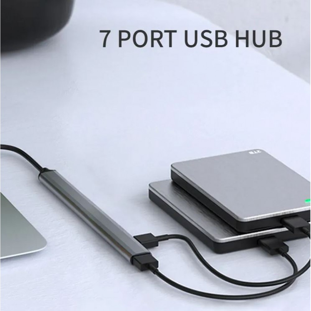 Hub multiport USB en aluminium avec 7 ports USB-A - Adaptateur USB-C 3.0 pour MacBook - Argent