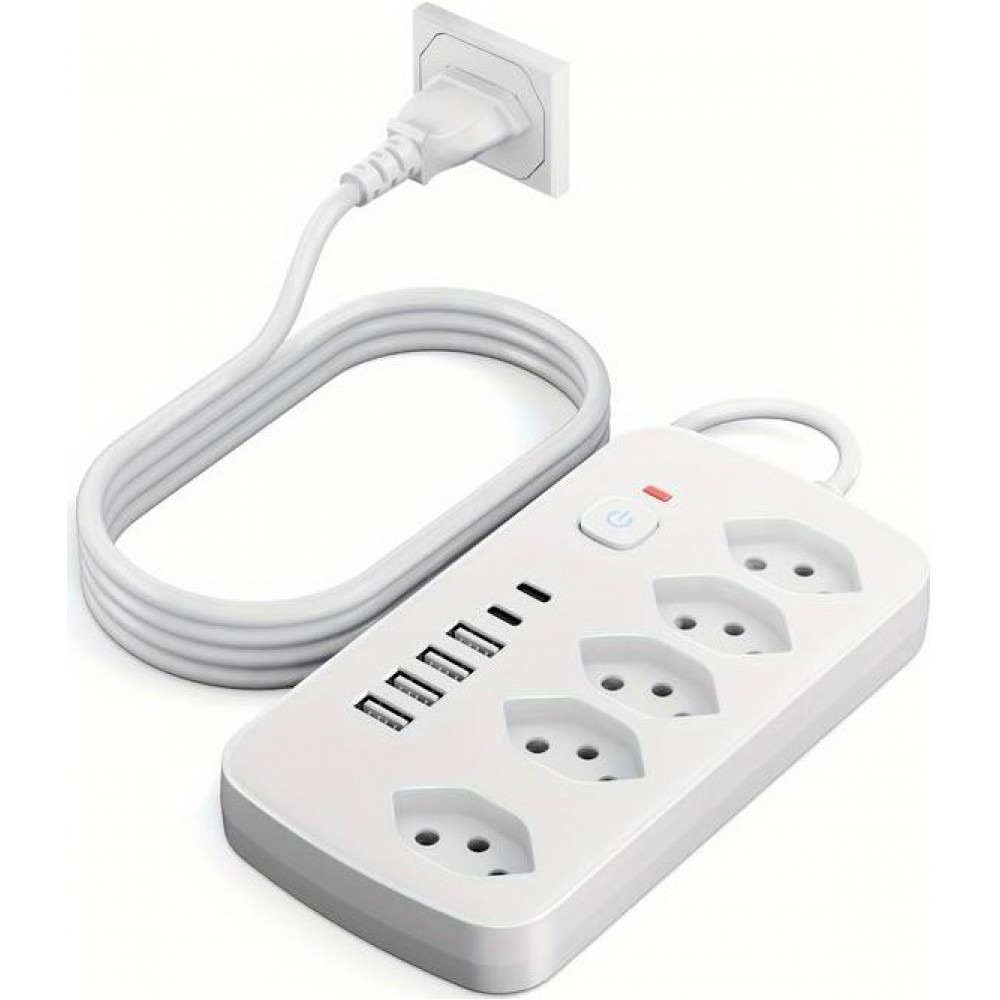 Multiprise 11 en 1 avec protection contre les surcharges (5 prises, 4x USB-A, 2x USB-C, switch on & off) - Blanc