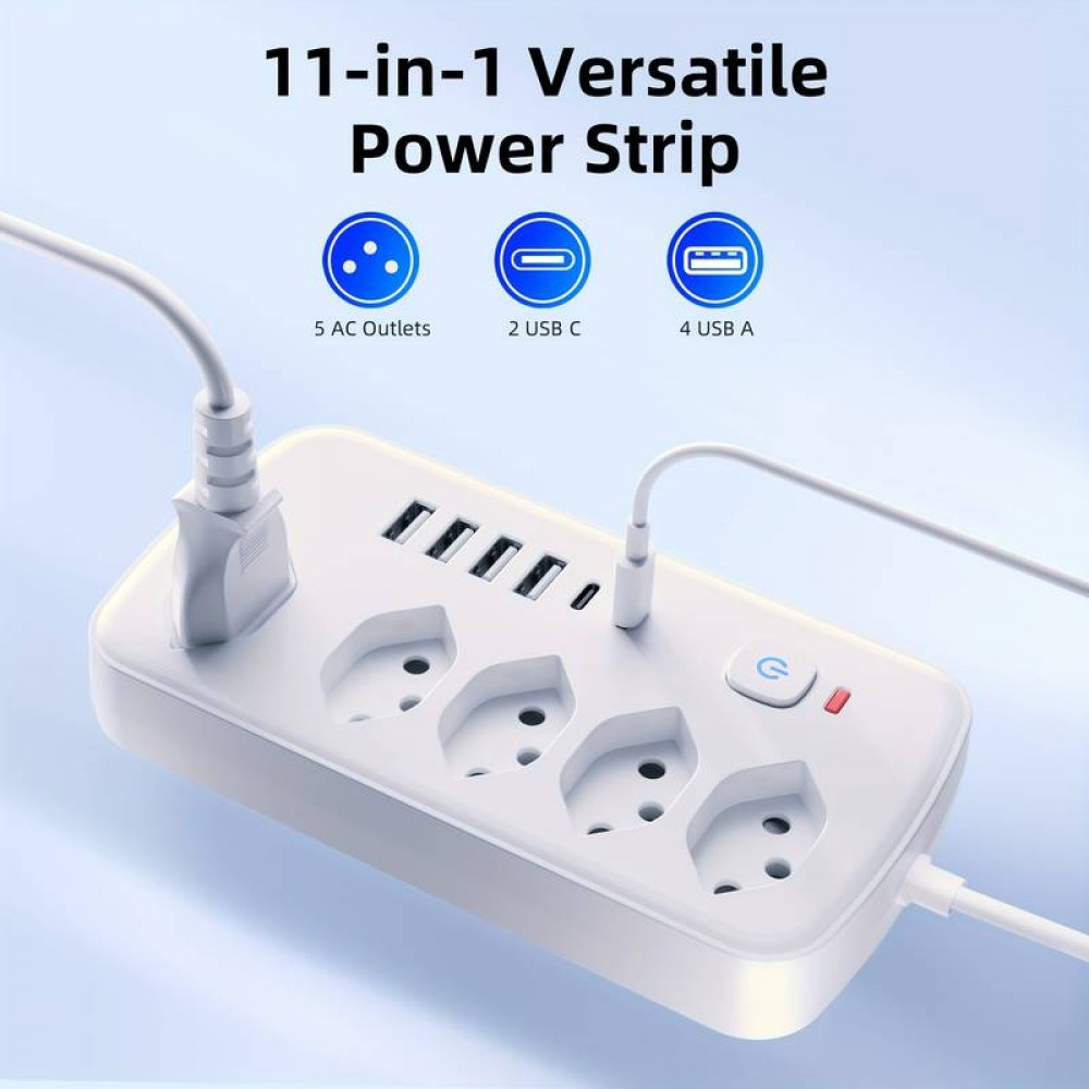 Multiprise 11 en 1 avec protection contre les surcharges (5 prises, 4x USB-A, 2x USB-C, switch on & off) - Blanc
