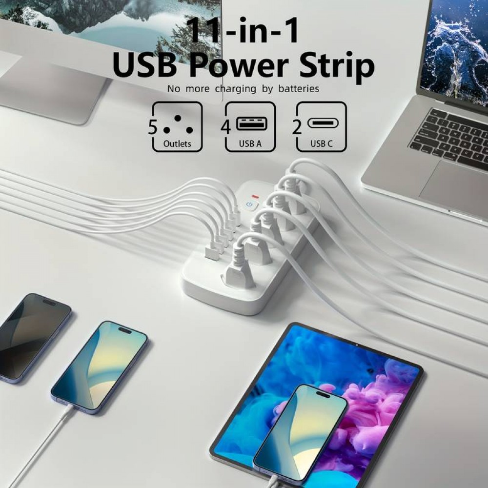 Multiprise 11 en 1 avec protection contre les surcharges (5 prises, 4x USB-A, 2x USB-C, switch on & off) - Blanc