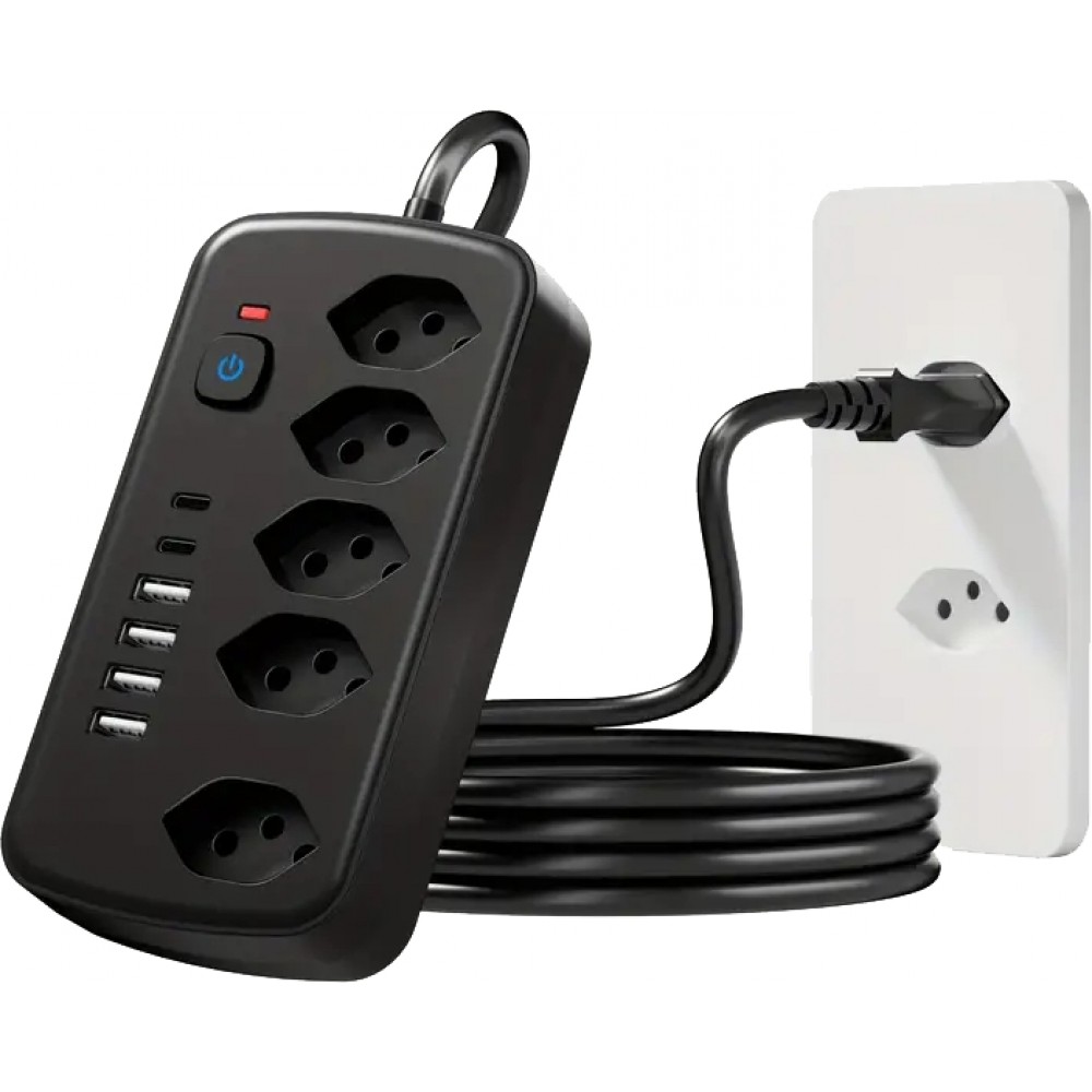 11-in-1-Steckdosenleiste mit Überladungsschutz (5 Steckdosen, 4x USB-A, 2x USB-C, Switch on & off) - Schwarz