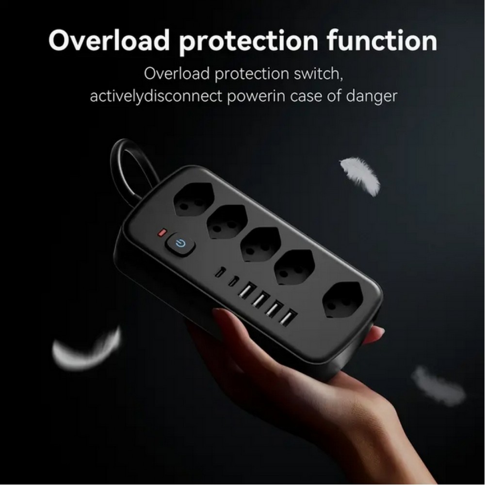 11-in-1-Steckdosenleiste mit Überladungsschutz (5 Steckdosen, 4x USB-A, 2x USB-C, Switch on & off) - Schwarz