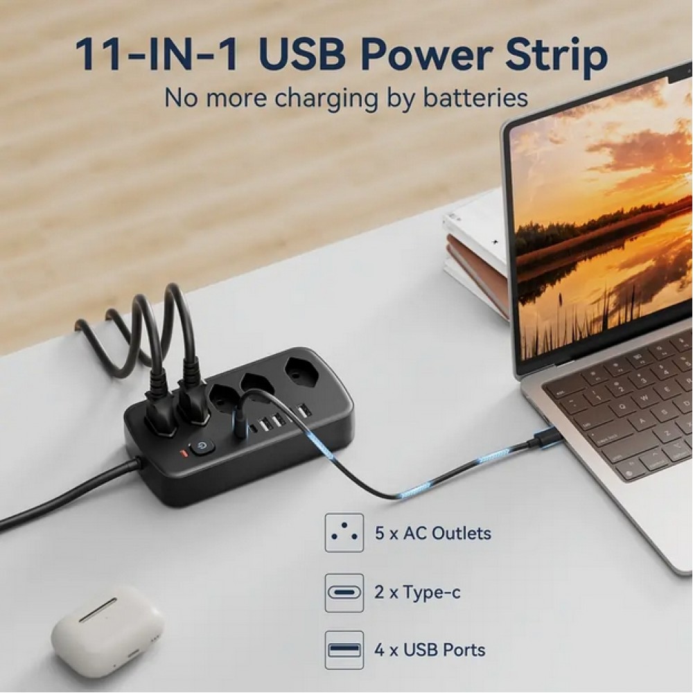 11-in-1-Steckdosenleiste mit Überladungsschutz (5 Steckdosen, 4x USB-A, 2x USB-C, Switch on & off) - Schwarz