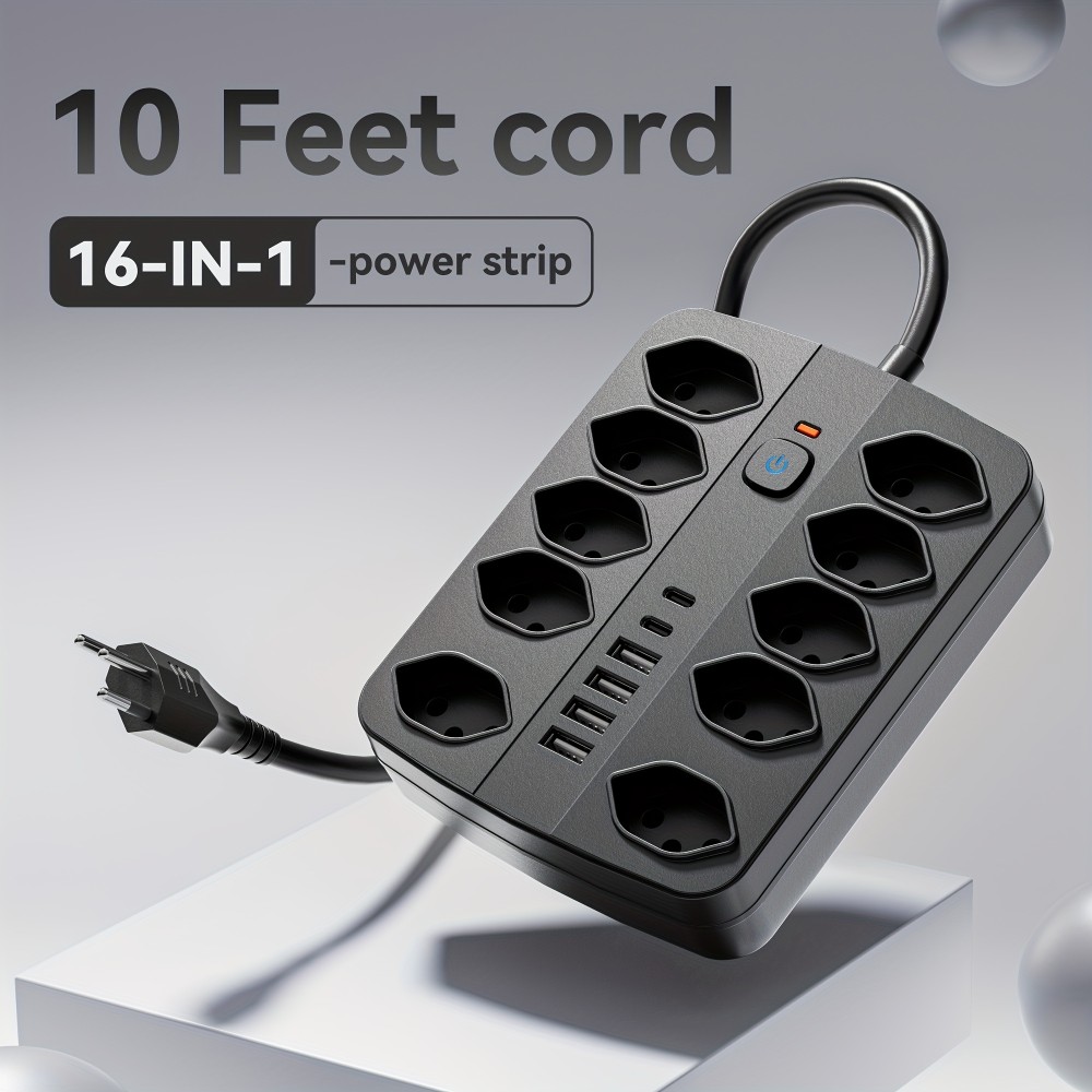 16-in-1 Steckdosenleiste (10 AC-Steckdosen / 4 USB-A-Ports / 2 USB-C-Ports) mit Ein/Aus-Schalter und Überlastschutz - Schwarz