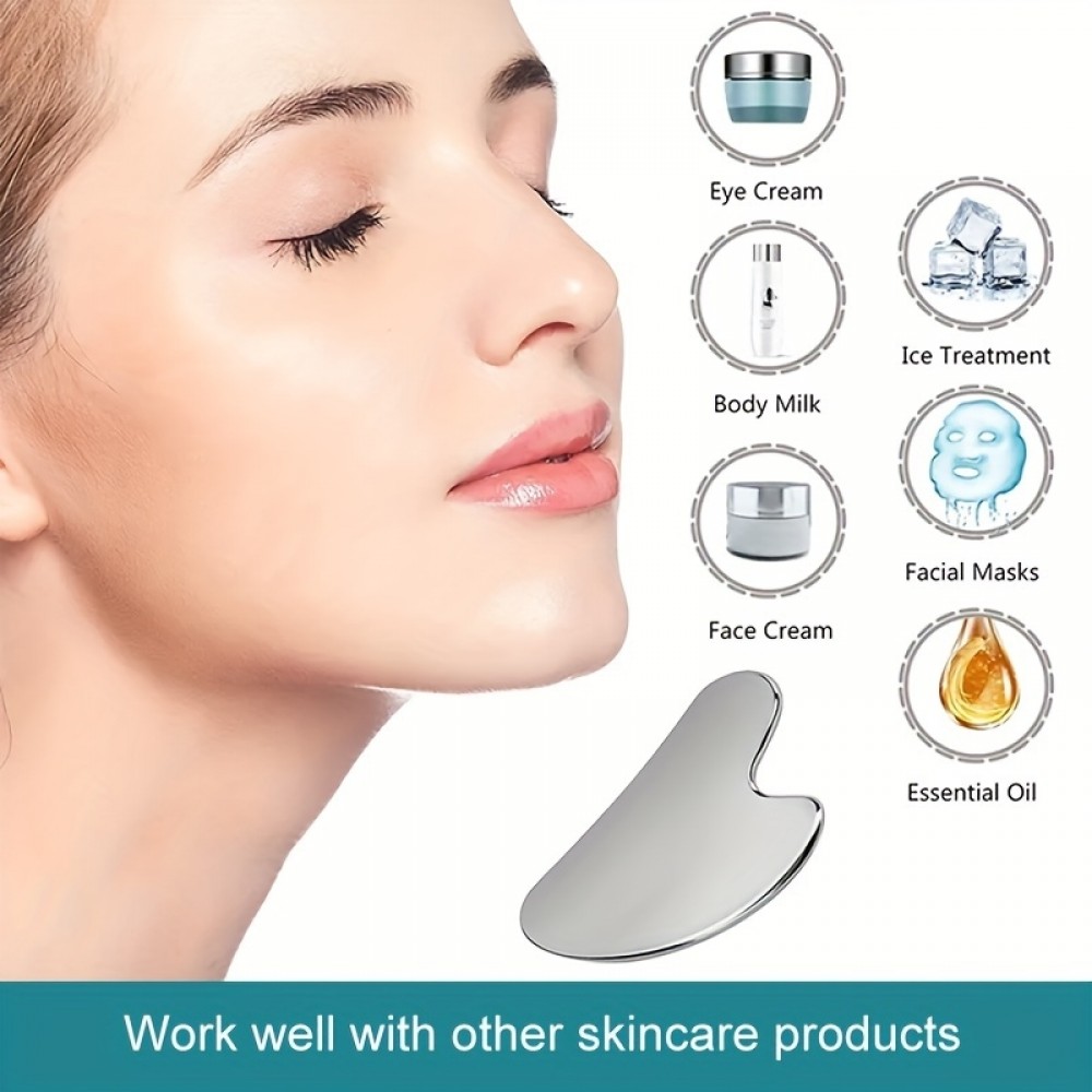 Outil de massage facial gua sha en acier inoxydable premium avec boîte cadeau élégante - Argent