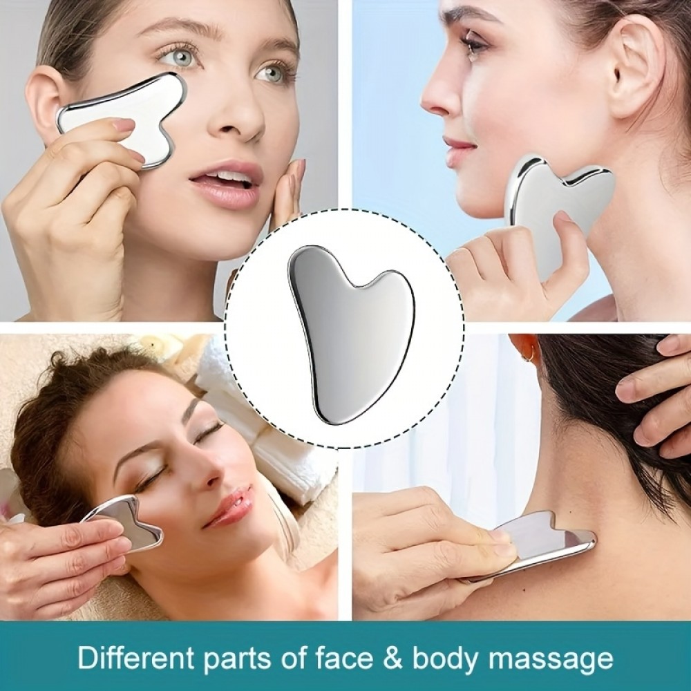 Outil de massage facial gua sha en acier inoxydable premium avec boîte cadeau élégante - Argent