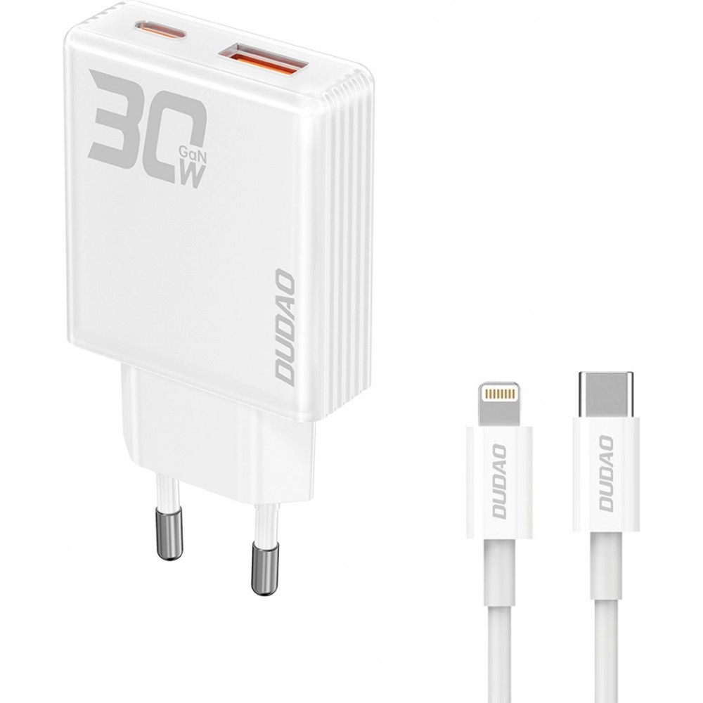 Pack chargeur mural 30W USB-A / USB-C GaN Dudao A30EUT avec câble USB-C vers Lightning iPhone - Blanc