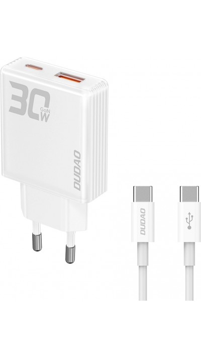 Pack GaN Dudao A30EUT 30W USB-A / USB-C Wandladegerät mit USB-C zu USB-C Kabel Schnellladeadapter - Weiss