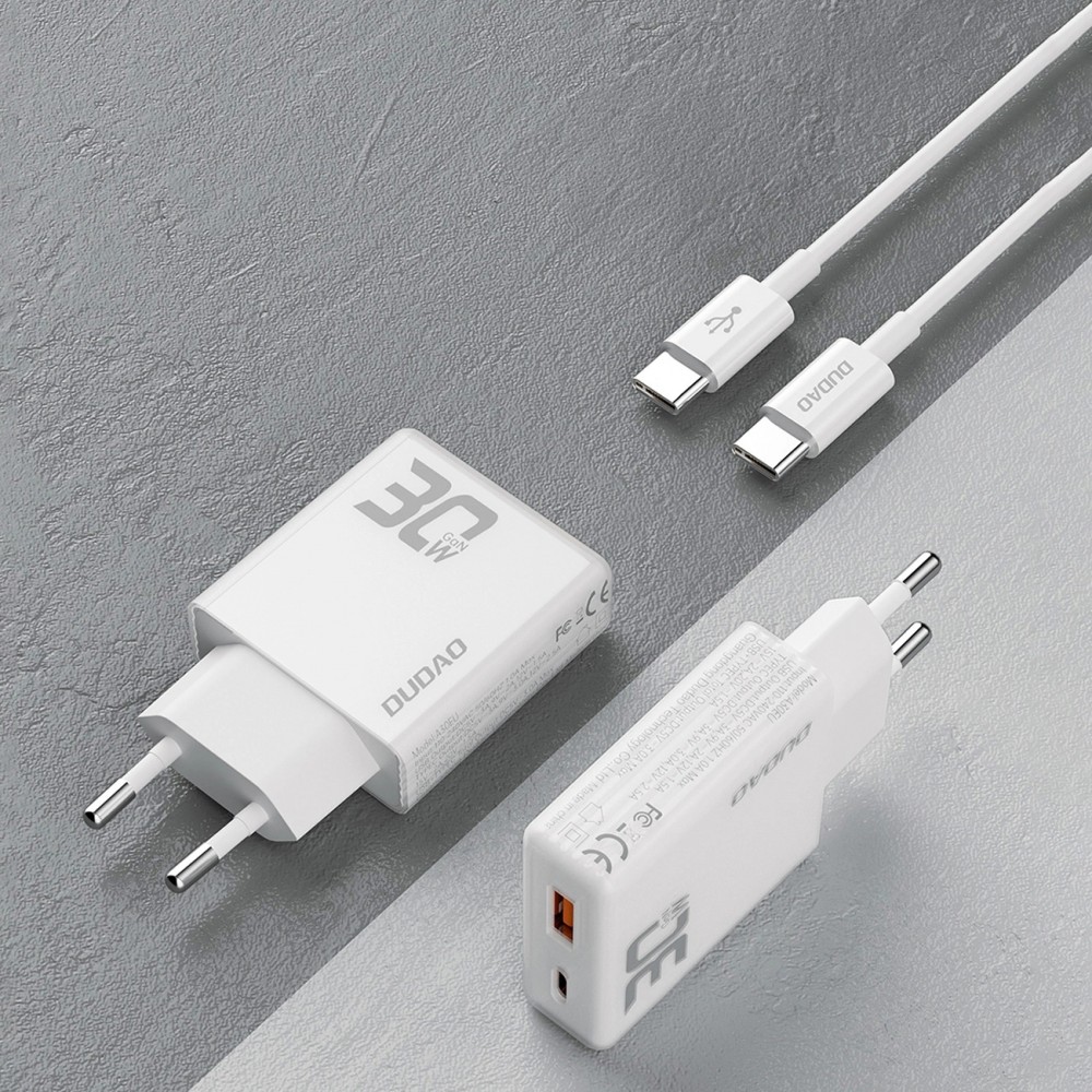 Pack GaN Dudao A30EUT 30W USB-A / USB-C Wandladegerät mit USB-C zu USB-C Kabel Schnellladeadapter - Weiss