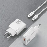 Pack GaN Dudao A30EUT 30W USB-A / USB-C Wandladegerät mit USB-C zu USB-C Kabel Schnellladeadapter - Weiss