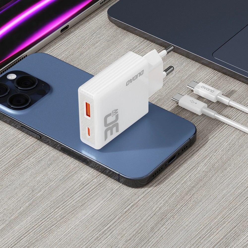 Pack GaN Dudao A30EUT 30W USB-A / USB-C Wandladegerät mit USB-C zu USB-C Kabel Schnellladeadapter - Weiss