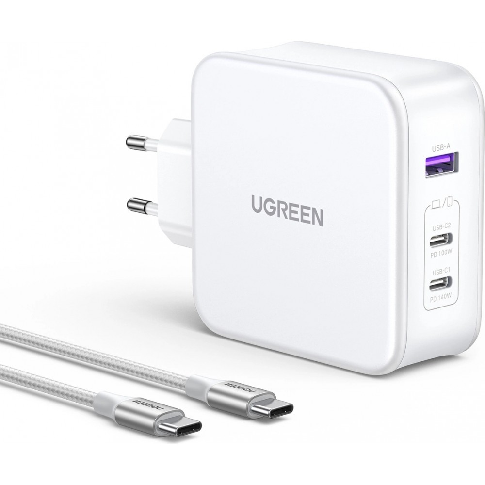 Ugreen Nexode CD289 140W GaN Wandladegerät und Kabel - 1,5m USB-C auf USB-C, 2xUSB-C, USB-A - Weiss