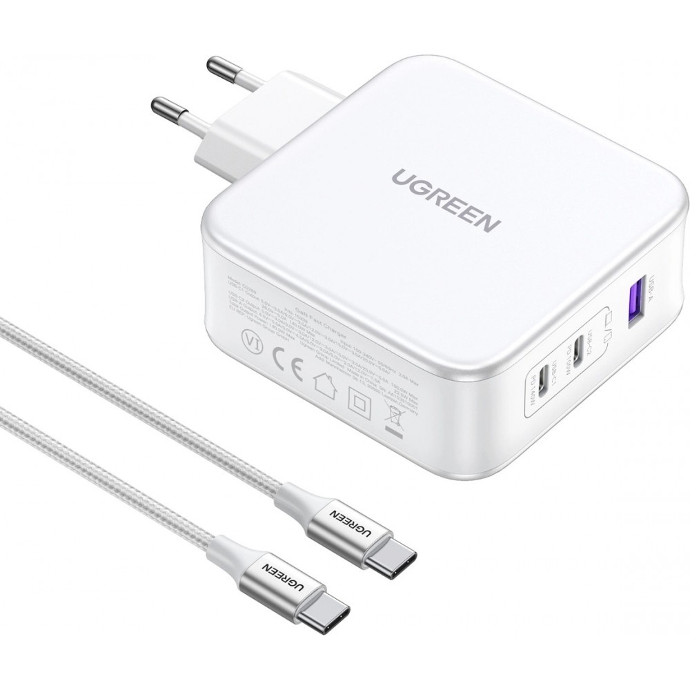 Ugreen Nexode CD289 140W GaN Wandladegerät und Kabel - 1,5m USB-C auf USB-C, 2xUSB-C, USB-A - Weiss