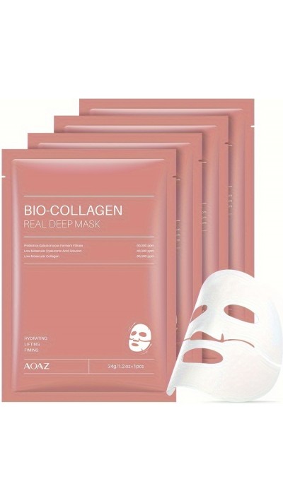 4er-Pack Bio-Kollagen Feuchtigkeitsmasken mit Hyaluronsäure und Niacinamid für alle Hauttypen