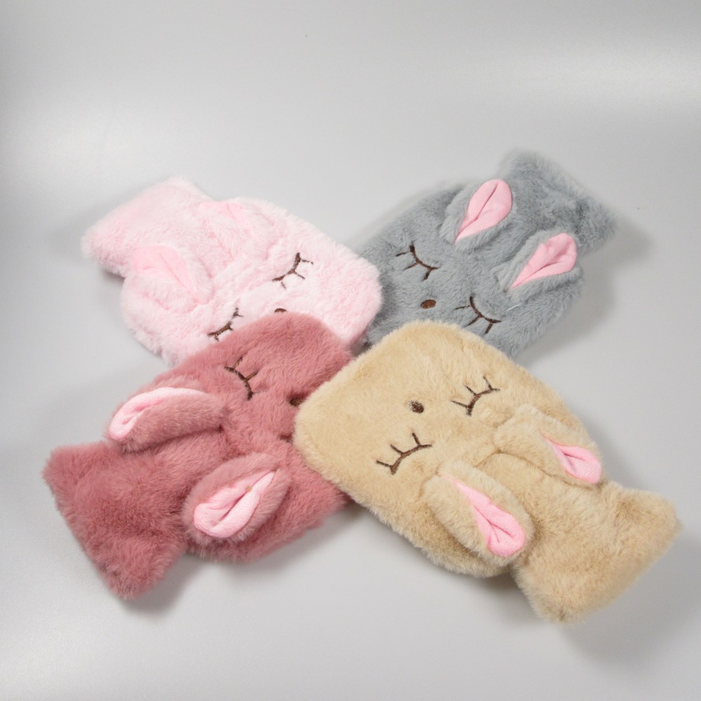 Kleine mini Wärmeflasche mit niedlicher Hasen Hülle mit weichem Fell - Blau