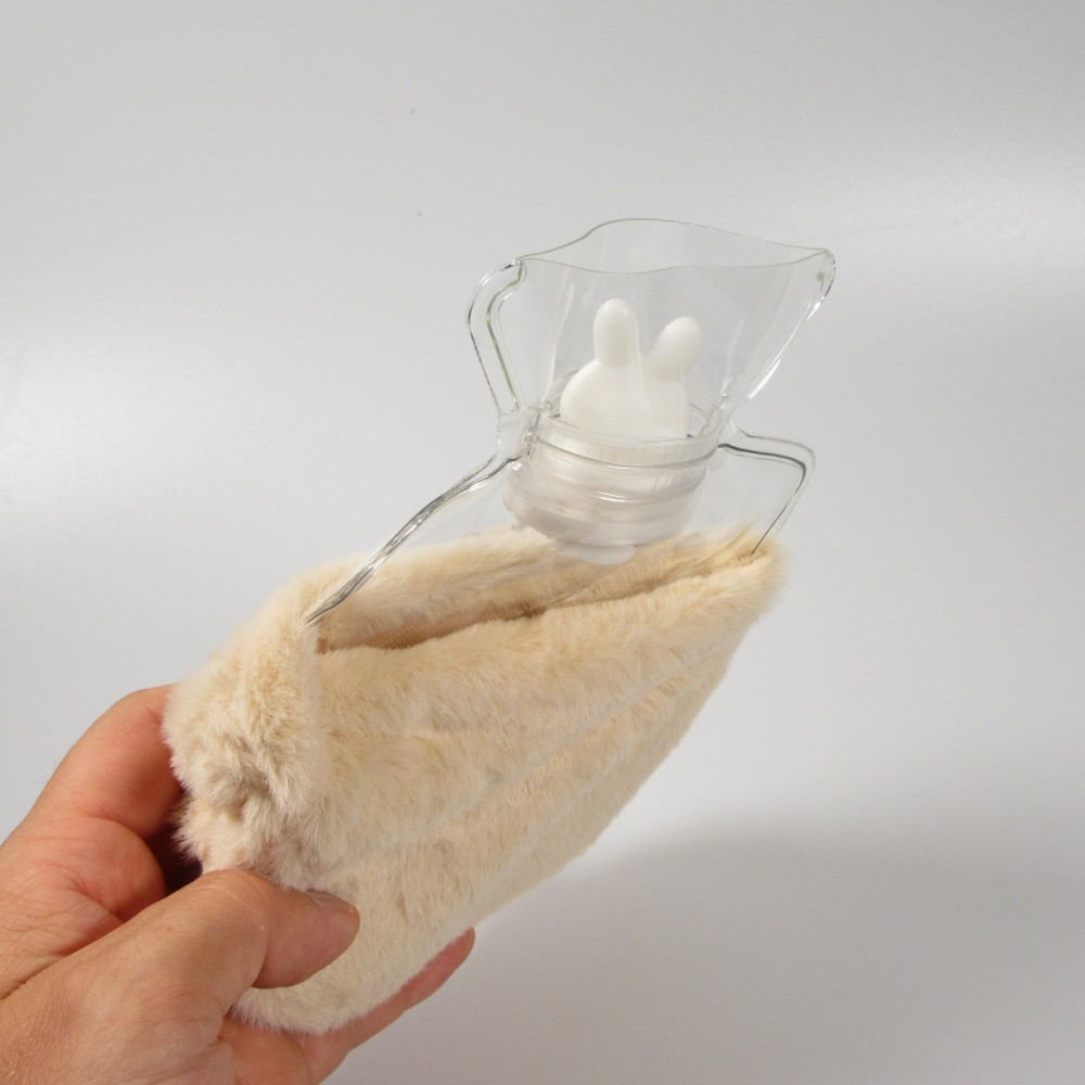 Kleine mini Wärmeflasche mit niedlicher Hasen Hülle mit weichem Fell - Blau