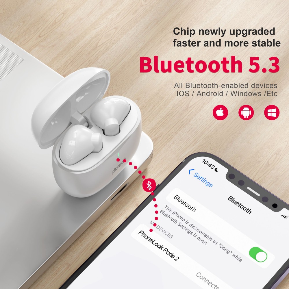 PhoneLook Pods 2 - Kabellose TWS Bluetooth 5.3 In-Ear Kopfhörer ENC Headset + Lade Case - Weiss