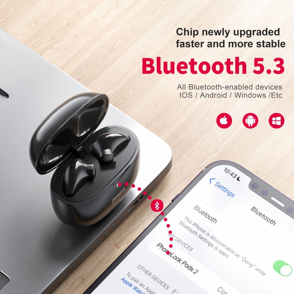 PhoneLook Pods 2 - Kabellose TWS Bluetooth 5.3 In-Ear Kopfhörer ENC Headset + Lade Case - Schwarz