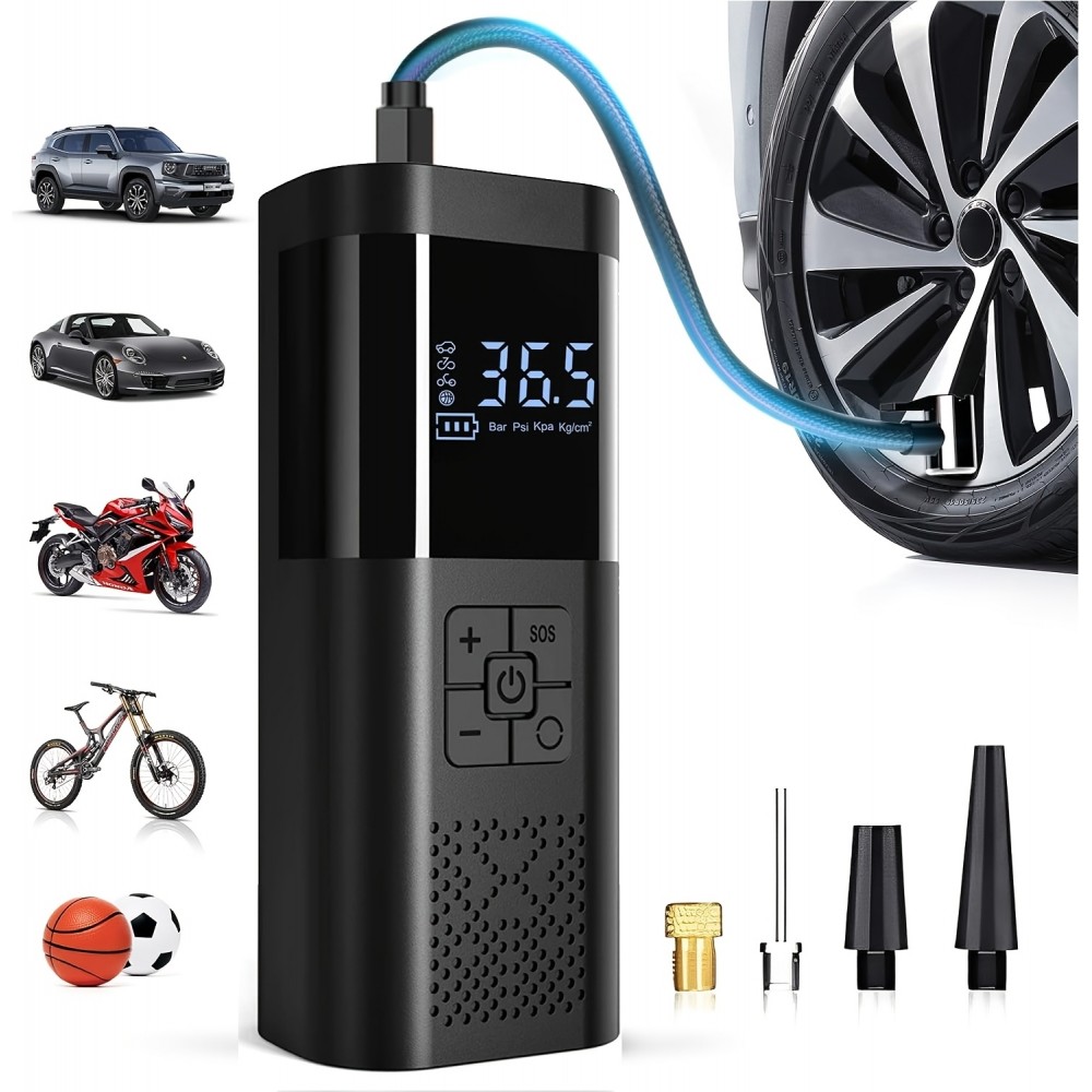 Pompe à pneus portable 150PSI avec manomètre LED et recharge rapide sans fil pour voiture moto vélo