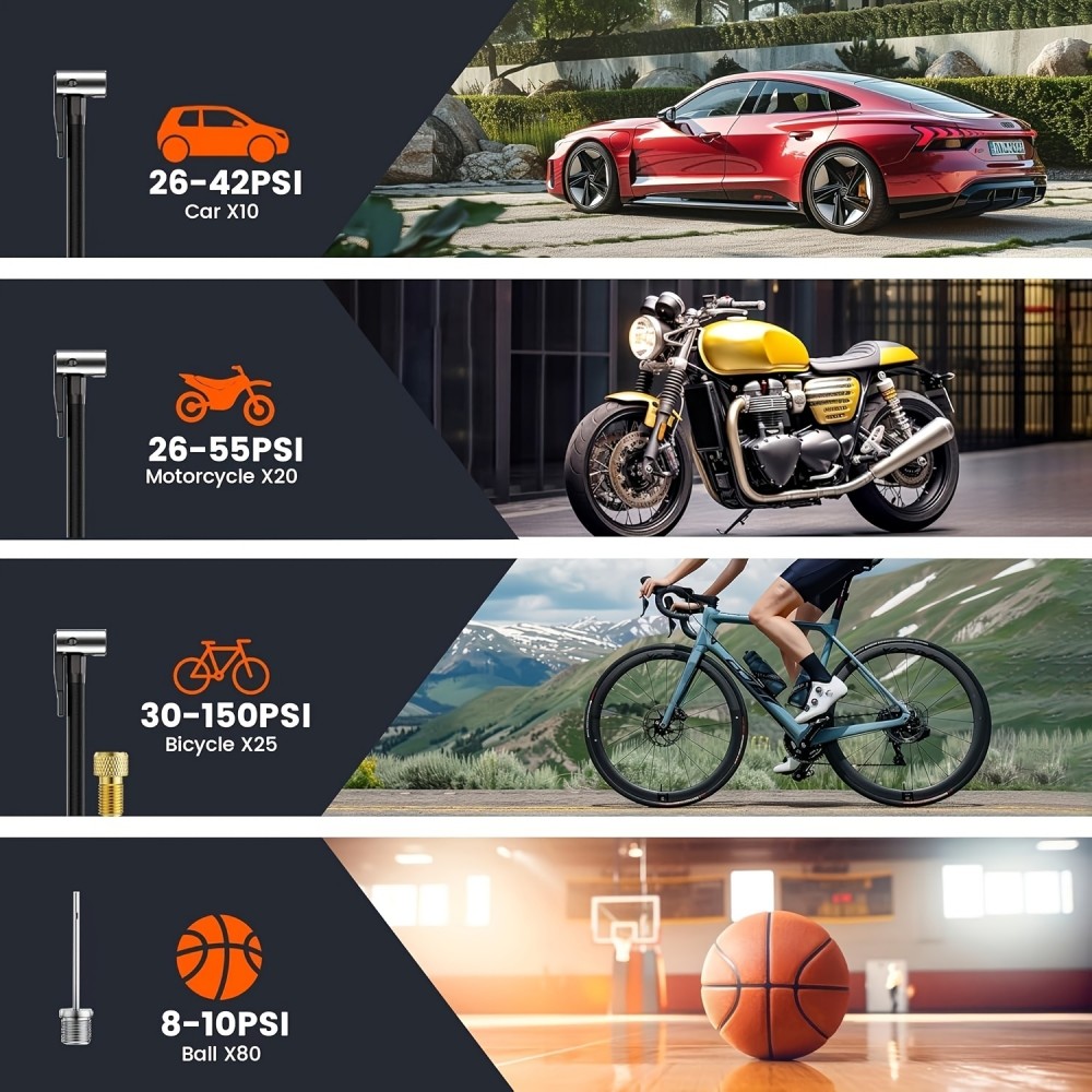 Pompe à pneus portable 150PSI avec manomètre LED et recharge rapide sans fil pour voiture moto vélo
