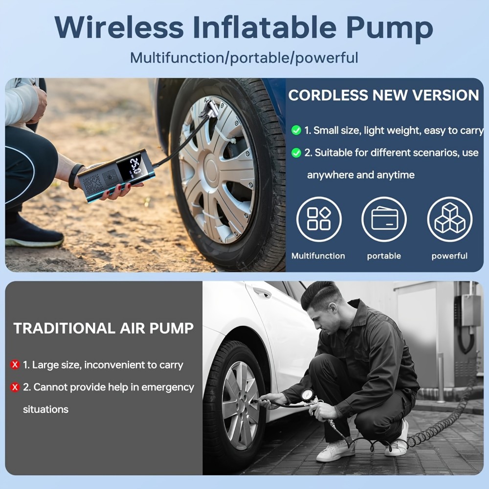 Pompe à pneus portable 150PSI avec manomètre LED et recharge rapide sans fil pour voiture moto vélo