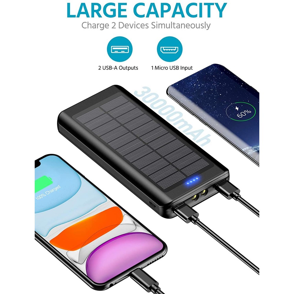 Solar Power Bank Outdoor 30000mAh Dual USB LED Hochkapazität - Schwarz