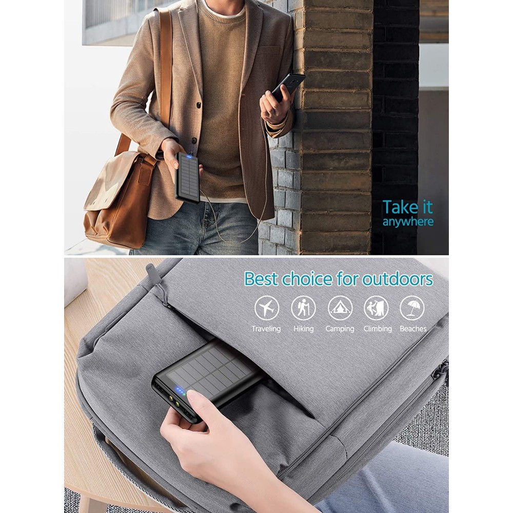 Solar Power Bank Outdoor 30000mAh Dual USB LED Hochkapazität - Schwarz