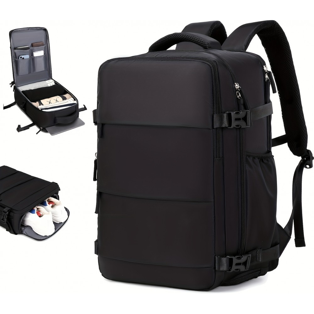 Reiserucksack für Flugreisen mit Laptop- und Schuhfach sowie USB-Anschluss - Schwarz