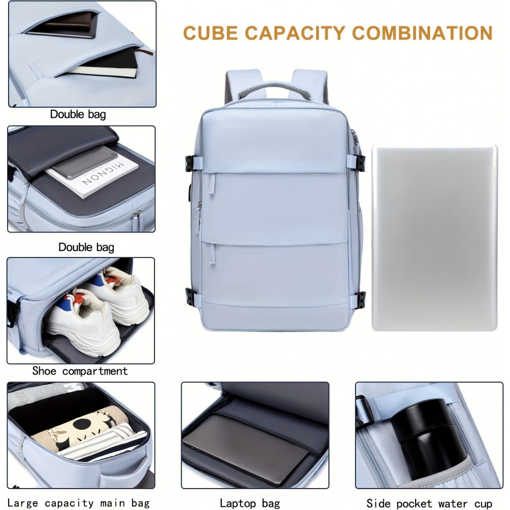 Reiserucksack für Laptop 38.1cm Damen mit USB Ladeport Schuhfach verstellbare Träger Blau