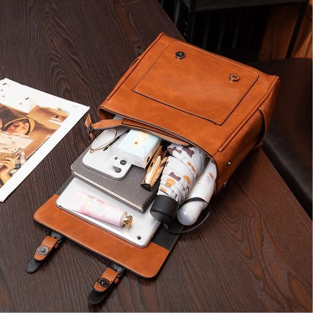 Handtasche / Fashion-Rucksack Retrolook Leder für Tablet, Bücher und Kamera - Braun