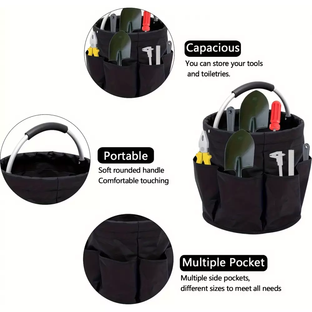 Faltbarer Multifunktions-Garten-/Haushaltstasche aus Stoff mit Taschen und Fächern für Werkzeuge - Schwarz