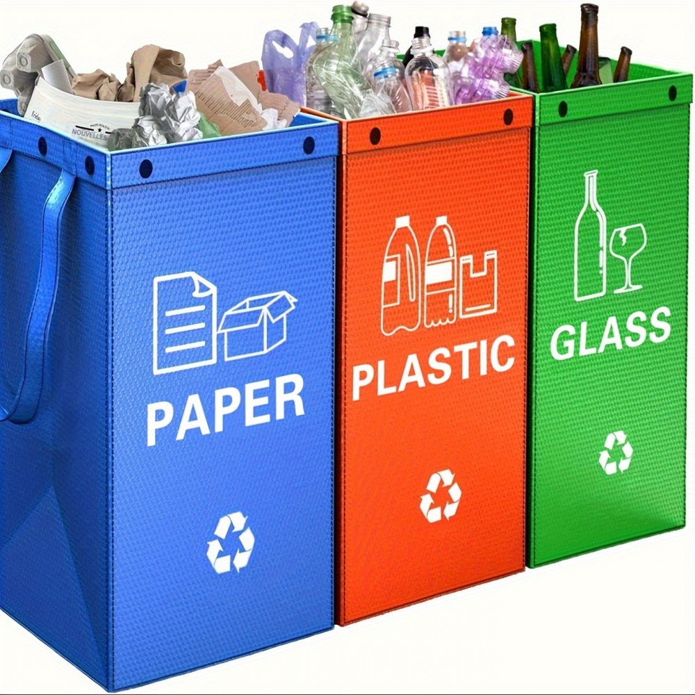 Sacs poubelle pliable 3 en 1 avec 3 couleurs pour tri des déchêts (papier / plastique / verre)