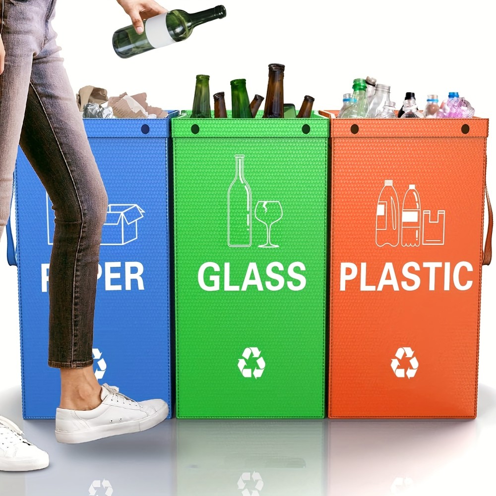 Sacs poubelle pliable 3 en 1 avec 3 couleurs pour tri des déchêts (papier / plastique / verre)