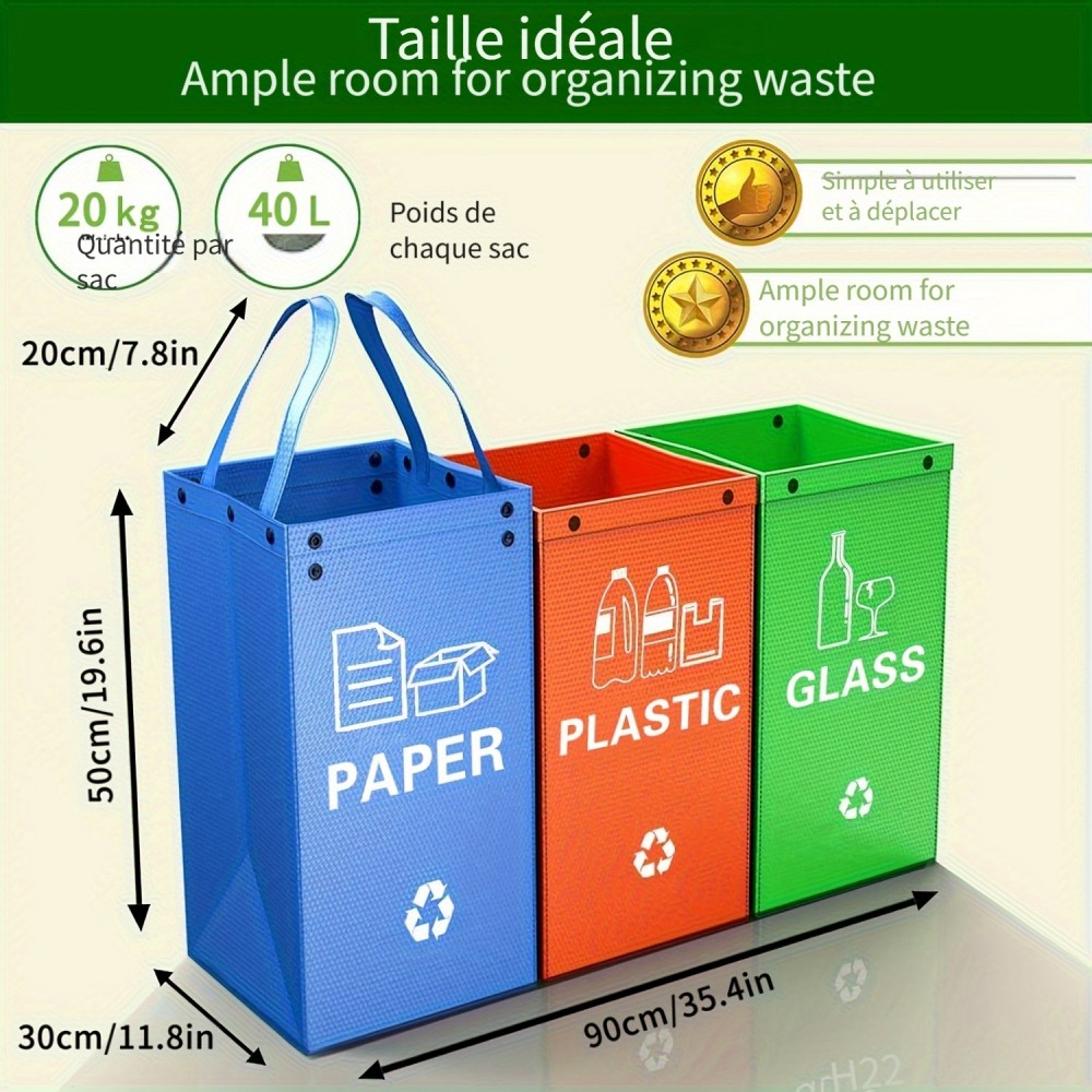 Sacs poubelle pliable 3 en 1 avec 3 couleurs pour tri des déchêts (papier / plastique / verre)