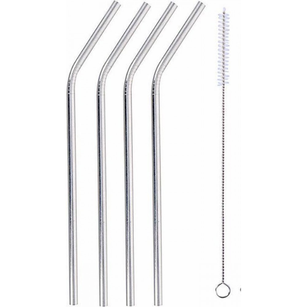 Set aus Edelstahl Strohhalme mit Tasche und Reinigungsbürste - 4 Stück, - Silber