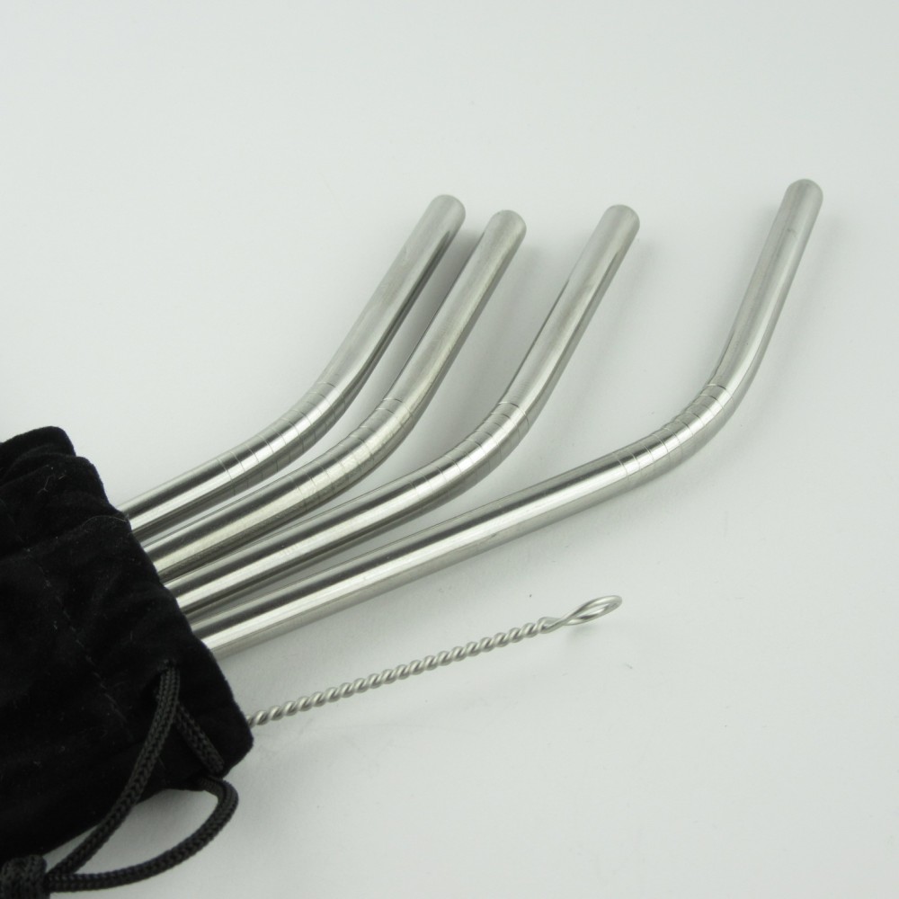 Set aus Edelstahl Strohhalme mit Tasche und Reinigungsbürste - 4 Stück, - Silber
