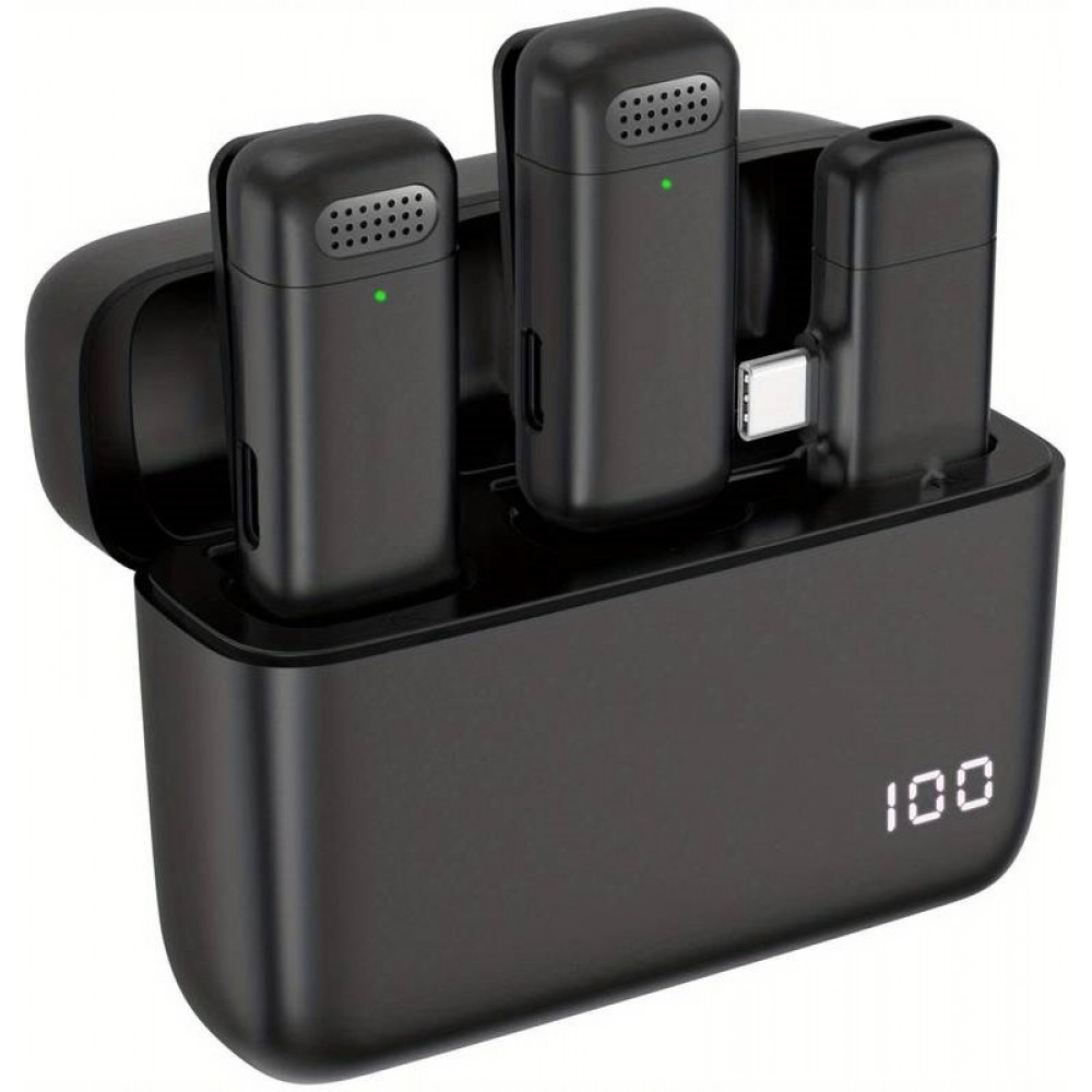 Set de 2 micros cravate Lavalier sans fil professionnels Bluetooth 5.3 avec récepteur USB-C & Etui de charge - Noir