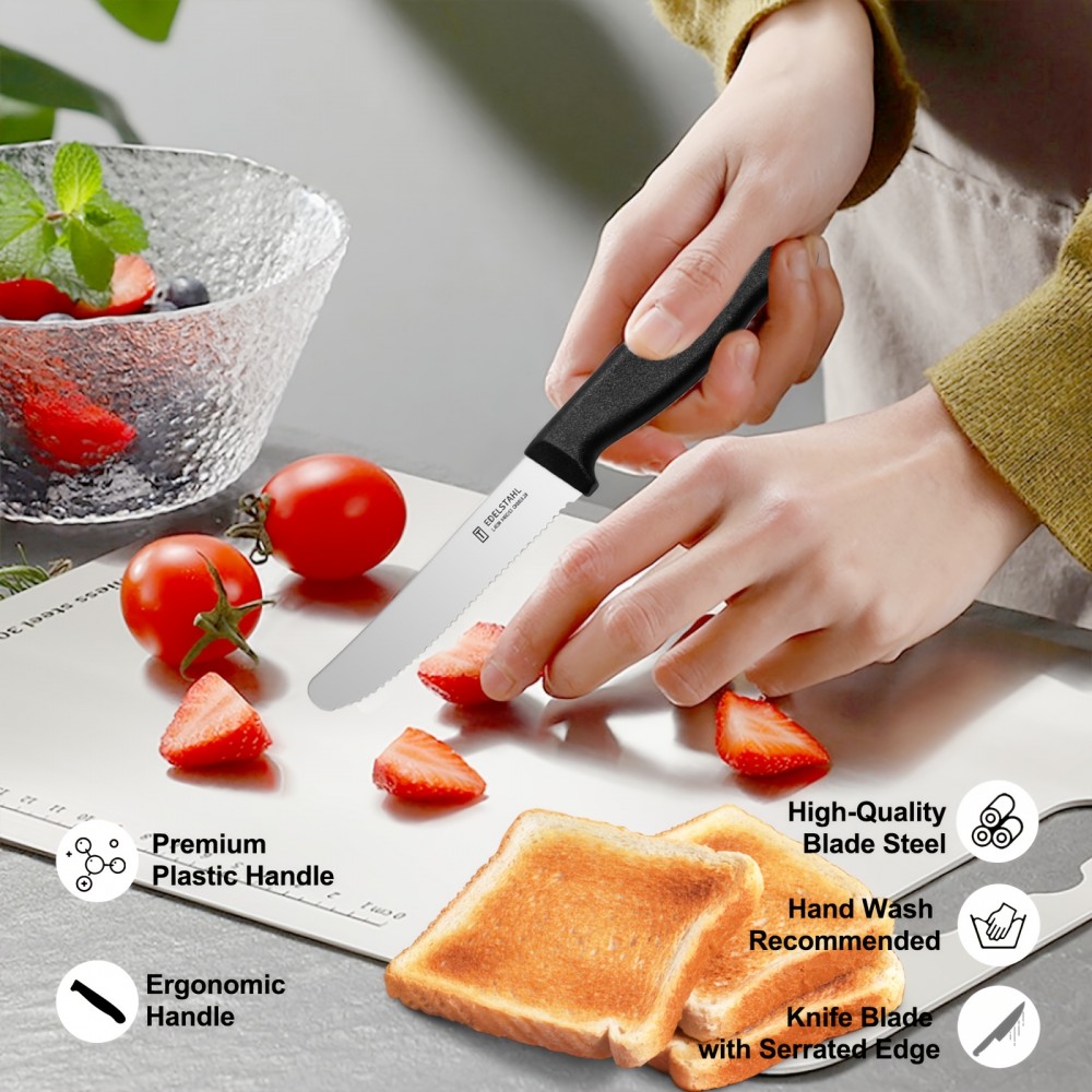 Set de 6 couteaux à tomates en acier inoxydable lame aiguisée ondulée lavable - Noir