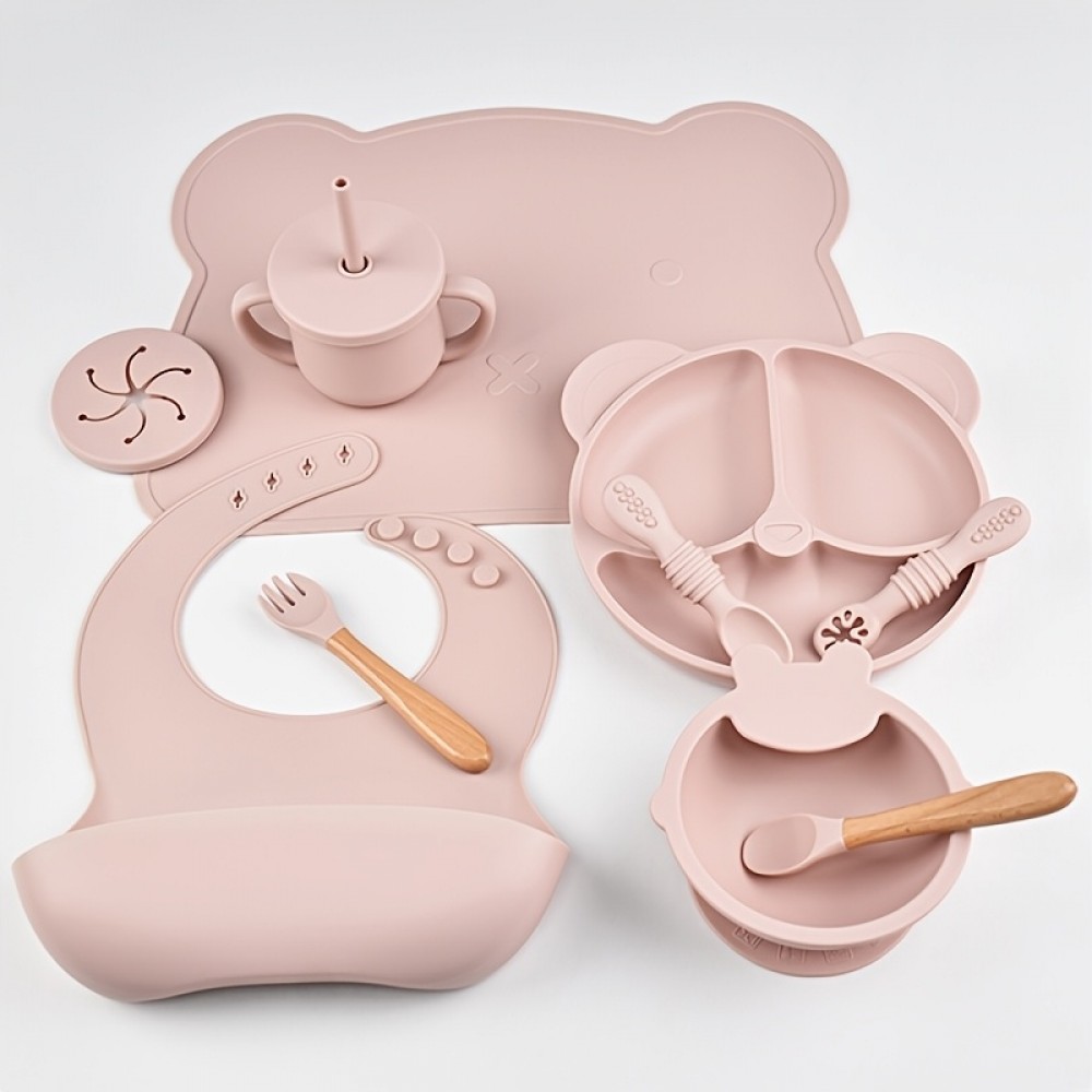 Set de repas en silicone pour bébé 10 pièces (assiette/bol/bavoir/tasse/cuillère/fourchette) - Rose