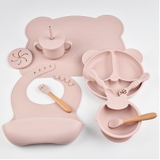 Set de repas en silicone pour bébé 10 pièces (assiette/bol/bavoir/tasse/cuillère/fourchette) - Rose