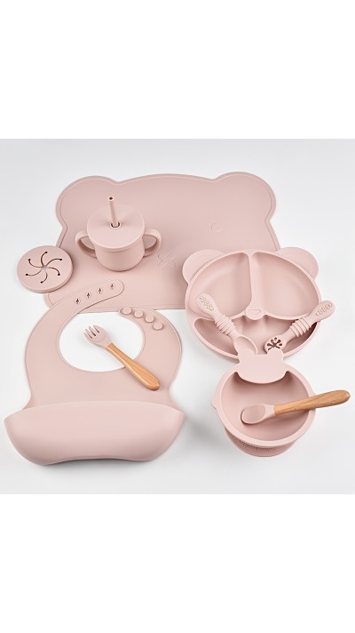 Baby-Silikon-Set 10 Teile (Teller/Schüssel/Lätzchen/Tasse/Löffel/Gabel) - Rosa