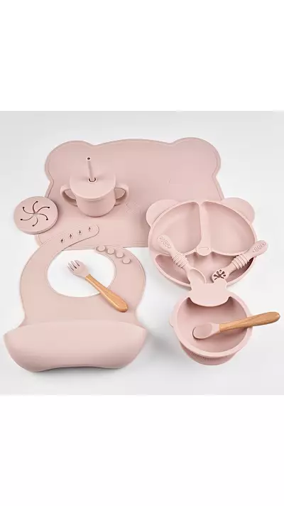 Set de repas en silicone pour bébé 10 pièces (assiette/bol/bavoir/tasse/cuillère/fourchette) - Rose