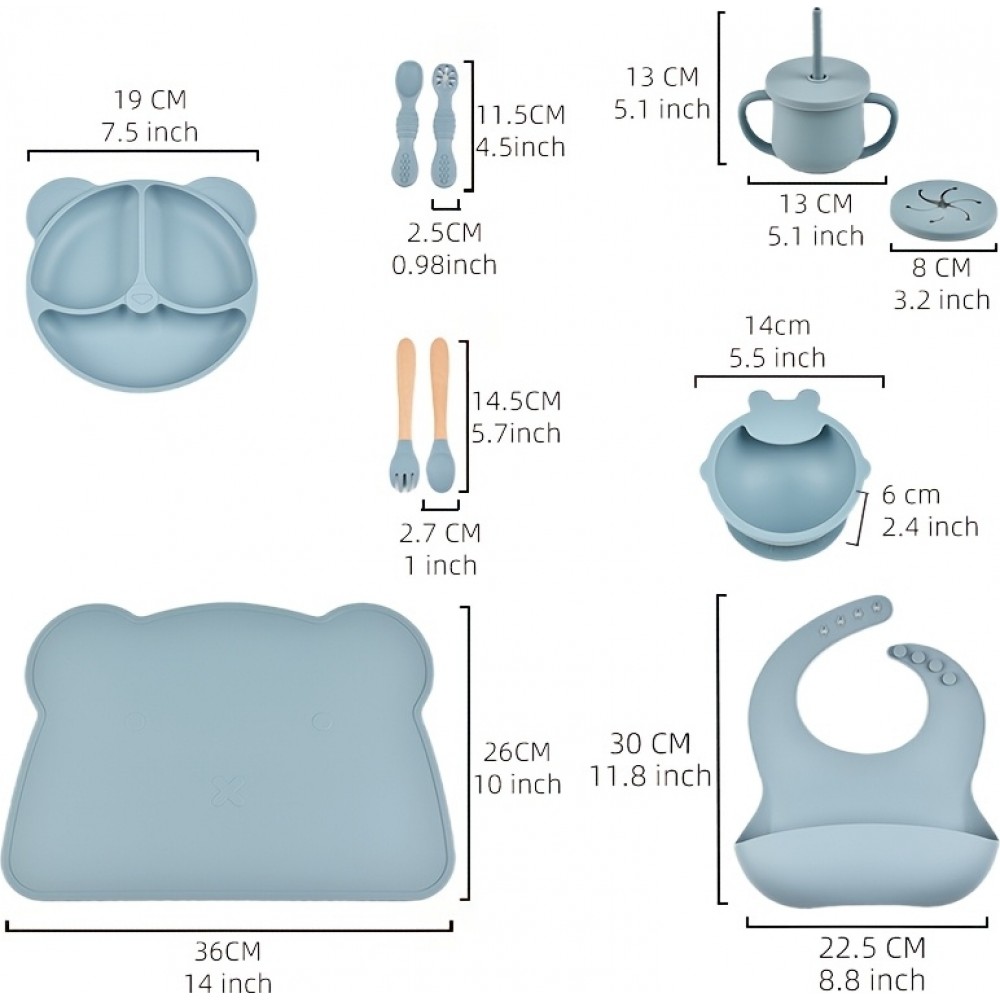 Set de repas en silicone pour bébé 10 pièces (assiette/bol/bavoir/tasse/cuillère/fourchette) - Rose