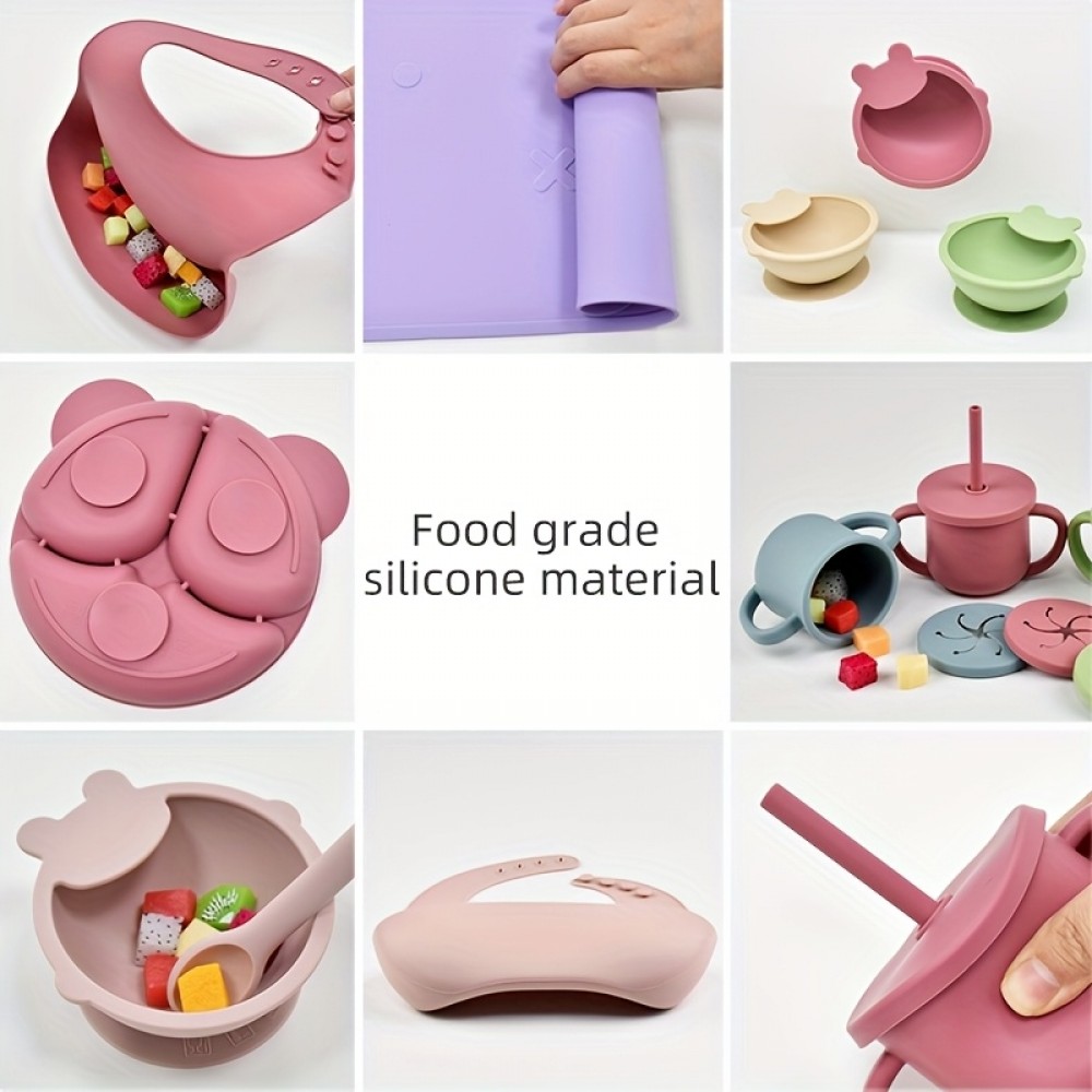 Set de repas en silicone pour bébé 10 pièces (assiette/bol/bavoir/tasse/cuillère/fourchette) - Rose